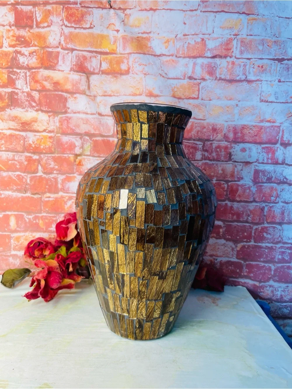 Vintage Three Hands Corp Large Gold Mosaic Statement Urn Vase